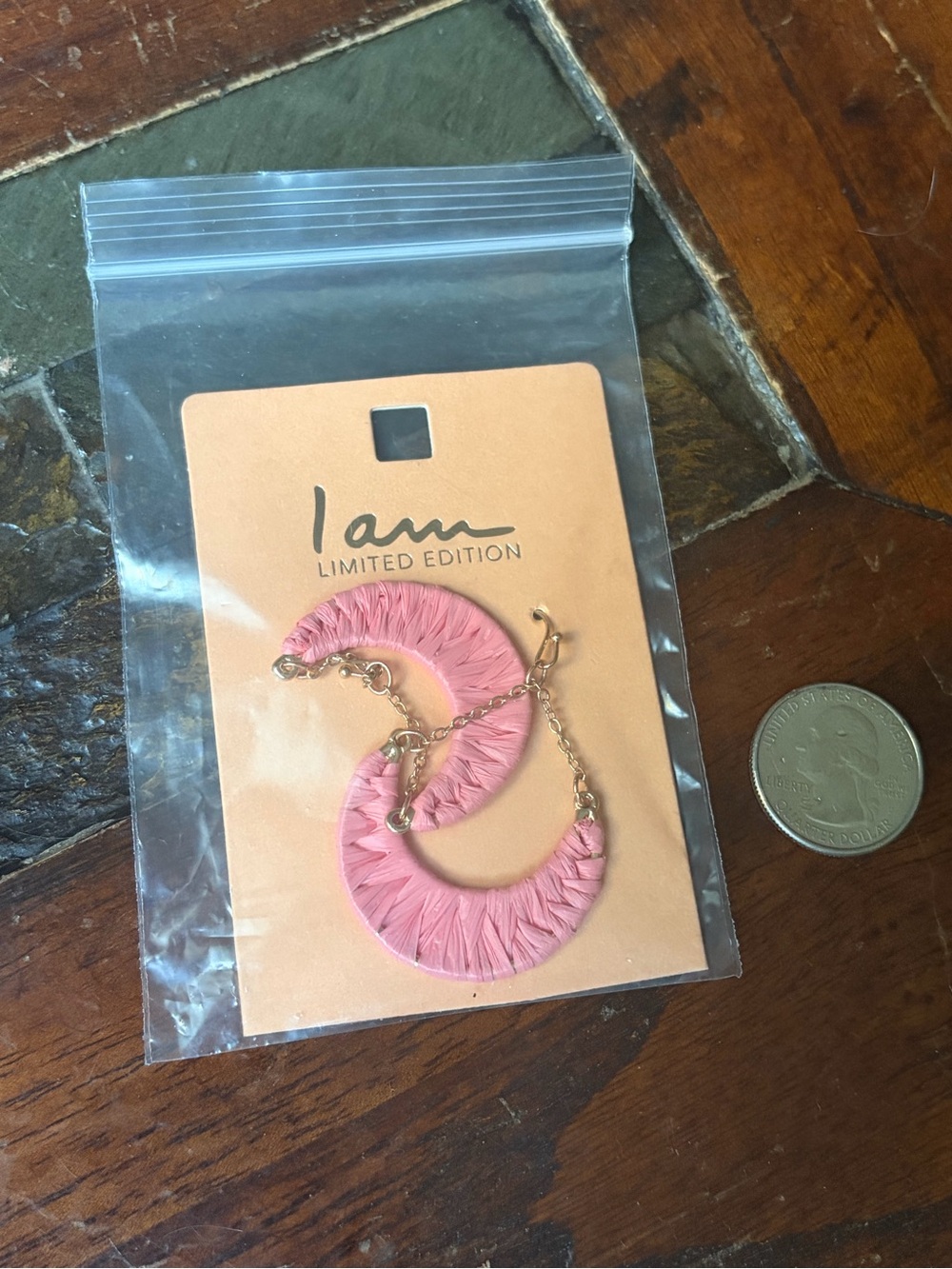 I Am Limited Edition Pink Raffia Hoop Earrings with Gold Chain